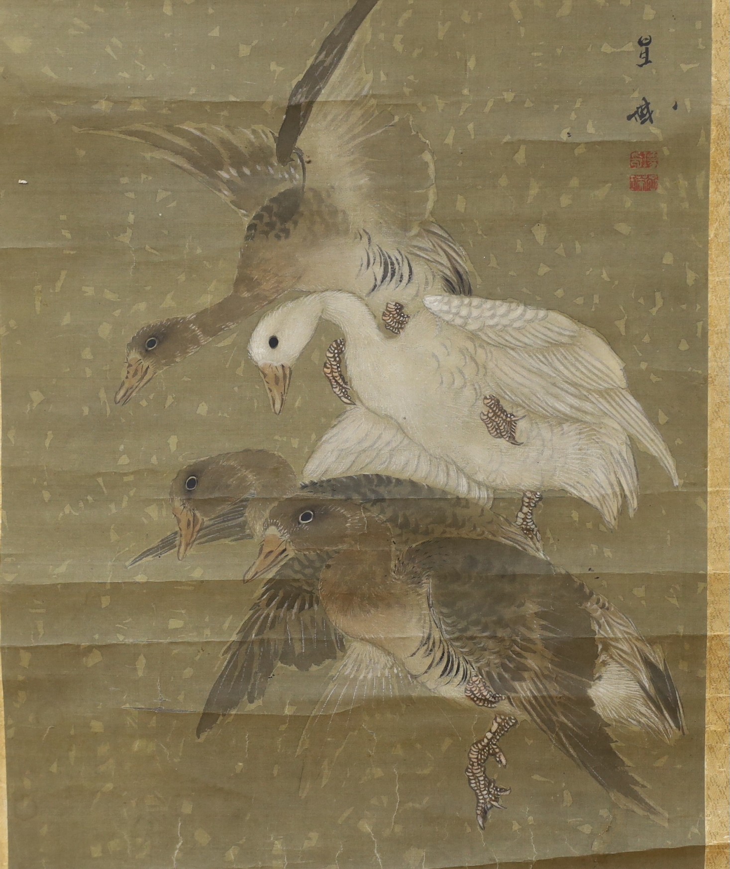 A 19th century Japanese scroll painting on silk of geese, signed, image 102 cm X 36 cm